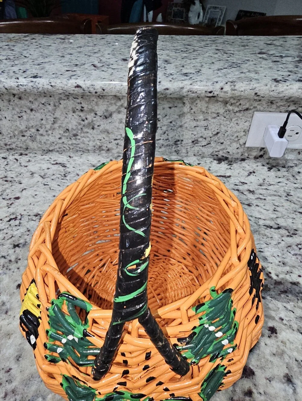 Hand Painted Pumpkin Jack-O-Lantern Basket Spider & Leaves